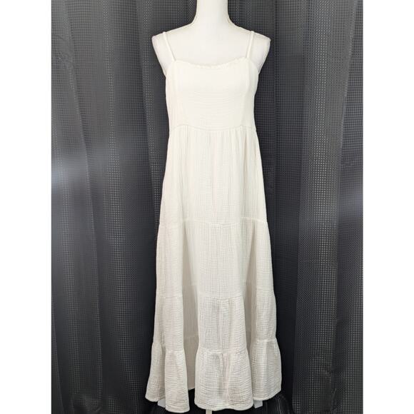 KNOX ROSE! FRESH WHITE CRINKLY GAUZE, RUCHED BACK, TIERED SUN DRESS! SZ M - Picture 2 of 10